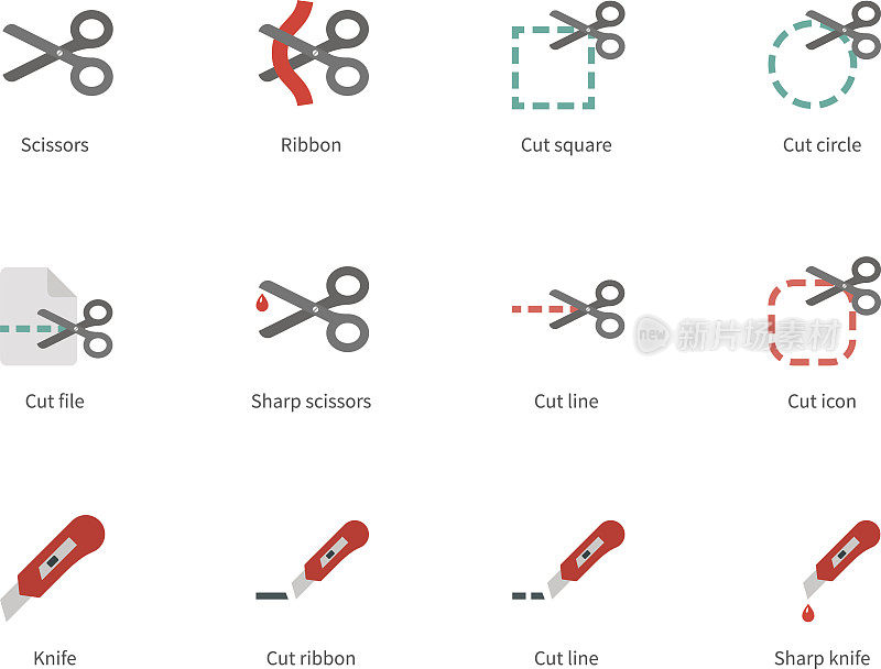 Cut scissors and knife colored icons on white background